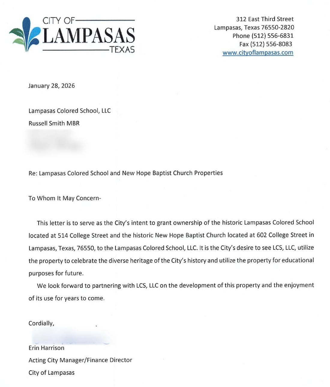 Letter from the City of Lampasas dated January 28, 2026, stating the city's intent to grant ownership of the Lampasas Colored School and New Hope Baptist Church