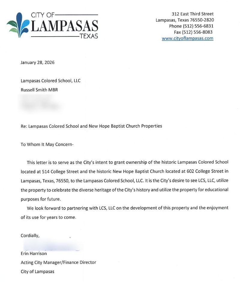 City of Lampasas letter of intent dated January 28, 2026, to grant the school and church to LCS
