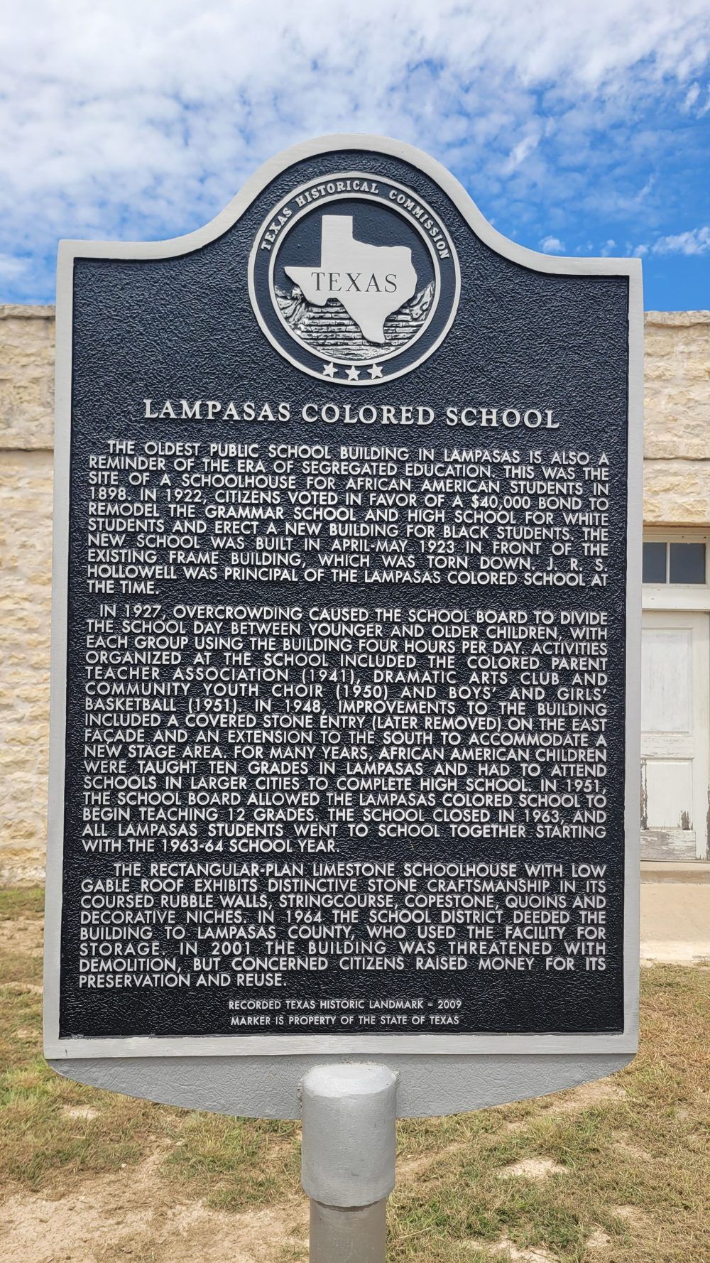 Texas Historical Commission marker titled Lampasas Colored School, Recorded Texas Historic Landmark 2009